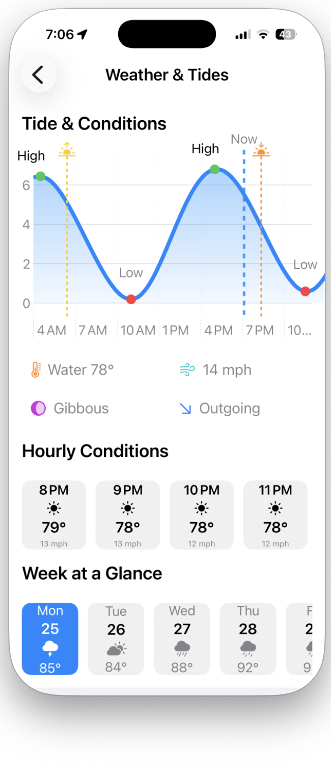 Real BiteIQ Weather and Tides screen on iPhone